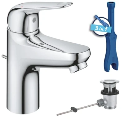 Abbildung von GROHE Swift Waschtischarmatur (wassersparend, 16cm hoch, inkl. Montagewerkzeug, Zugstange), chrom, 24316001