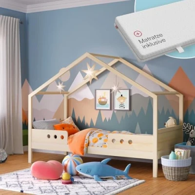 Abbildung von Bellabino Bela Hausbett 90x200 cm für Kinder mit Rausfallschutz, Kinderbett Natur unbehandelt, Kleinkinderbett und Jugendbett aus massivem Kiefernholz inkl. Lattenrost Matratze