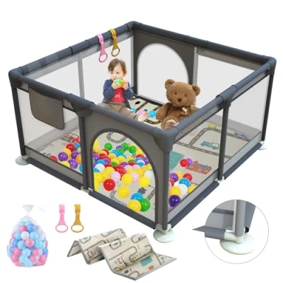 Abbildung von Laufstall Baby 127x127cm, Laufgitter mit atratze und 4 Zugringen, Kinder Atmungsaktivem Netz Reißverschluss für Kleinkinder, Dunkelgrau