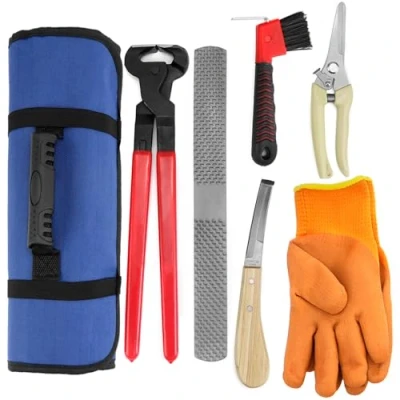 Abbildung von QWORK® 6tlg. Professionelle Hufschmied Werkzeuge Kit mit Rolltasche Huf Trimmer Schere, Hufmesser, Hufschneidezange, Hufraspel Datei, Reinigungsbürste und Handschuhe
