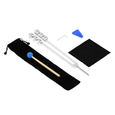 Abbildung von DRELD 32Hz Gewichtete Stimmgabel. Aluminiumlegierung Tuner mit Silikonhammer, Dreiecksspitze, Samtbeutel, Reinigungstuch, Inbusschlüssel für Haut, Haar, Knochen, Gelenke und Muskelentspannung