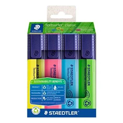 Abbildung von Staedtler Textmarker Textsurfer classic, aus recyceltem Kunststoff, großer Tintenspeicher, 1 5 mm Keilspitze, lange Lebensdauer, 4 in sortierten Farben im Kartonetui, 364 RC4