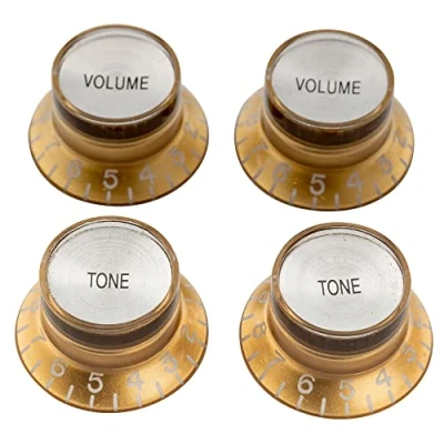 Abbildung von Musiclily Pro Linkshänder Metrische Größe 18 Splines 2 Volume Tone Potiknopfe Top Hat Reflector Knobs Set für Epiphone Les Paul SG Style E Gitarre, Gold mit Silber