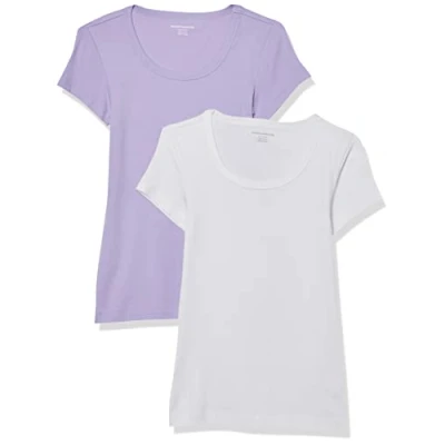 Abbildung von Amazon Essentials Damen T Shirt mit Flügelärmeln und U Ausschnitt in schmaler Passform, 2er Pack, Weiß/Lavendel, M