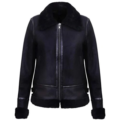 Abbildung von Infnity Leather Frauen Schwarz Echte WW2 Shearling Schaffell Pilot Radfahrer Jacke L