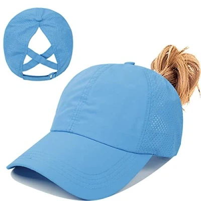 Abbildung von Pferdeschwanz Baseballkappe Damen Sommer Einstellbare Schnell trocknende Masche Atmungsaktiv Baseballmütze Unisex Criss Cross Hüte Sport Mütze (Blau)