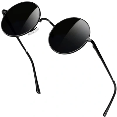 Abbildung von KANASTAL Runde Sonnenbrille Herren Damen Klassische Retro Polarisierte Rund mit Metallrahmen Vintage Hippie Rave Brille UV400 Schutz, Matt Schwarze Rahmen Gläser