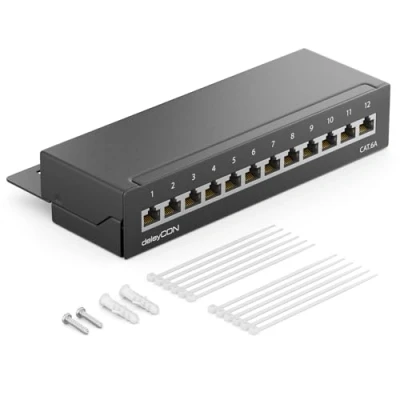 Abbildung von deleyCON CAT 6a Patchpanel Verteilerfeld 12 Port Desktop &amp; Wandmontage Geschirmt 12x RJ45 Buchse TIA568A TIA568B Schwarz