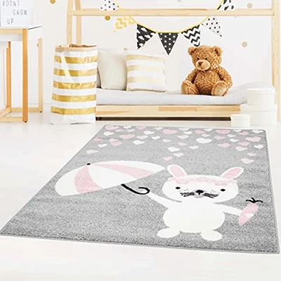 Abbildung von carpet city Teppich Kinderzimmer Hase Herz Regenschirm Flachflor Grau 160x225 cm Babyzimmerteppich