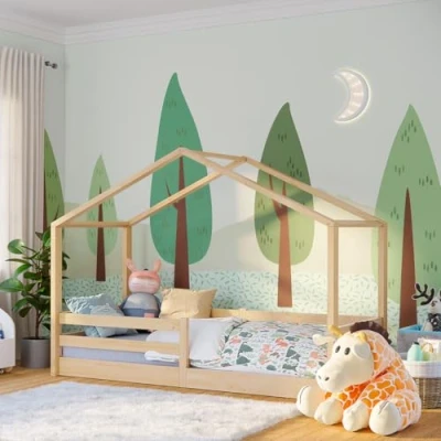 Abbildung von Bellabino Bodenbett 90x200 Abia, Kinderbett inkl. Lattenrost und Rausfallschutz für Jungen Mädchen Natur lackiert, Montessori Bett aus Kiefer Massivholz