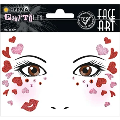 Abbildung von HERMA 15309 Face Art Sticker Herzen, dermatologisch getestet, ablösbare Glitzer Gesicht Aufkleber, temporäre Tattoos für Karneval Fasching Halloween Festival Kinder Geburtstag, rot rosa pink