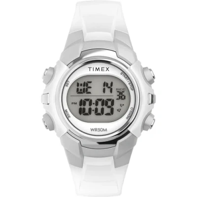 Abbildung von Timex Sport Unisex Armbanduhr, 33 mm, weißes Kunstharzarmband, digitales Zifferblatt, silberfarbenes Gehäuse TW5M61500
