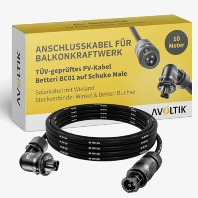 Abbildung von Avoltik Anschlusskabel für Balkonkraftwerk I 10 m Solarkabel mit Wieland Steckverbinder Winkel &amp; Betteri Buchse TÜV geprüftes PV Kabel BC01 auf Schuko Male Wechselrichter