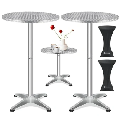 Abbildung von KESSER® 2in1 Stehtisch Bistrotisch 2er Set Aluminium Edelstahlplatte höhenverstellbar 70cm / 115cm Partytisch Tisch Ø 80cm Rund In &amp; Outdoor Empfangstisch Inkl. Husse Silber