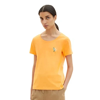 Abbildung von TOM TAILOR Damen 1035471 T Shirt mit Vogel Stickerei, 29751 Bright Mango Orange, XL