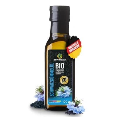 Abbildung von Kräuterland Bio Schwarzkümmelöl 100ml, GEFILTERT, kaltgepresst, 100% Nigella Sativa, ohne Zusatz von Aromen, Frabstoffe, Konservierungsstoffe direkt aus unserer hessischen Ölmühle