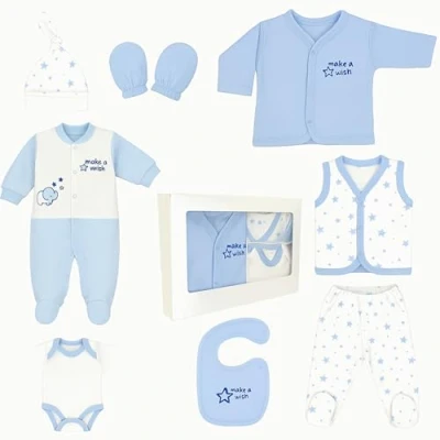 Abbildung von Blue Eyes Neugeborenen Baby Geschenk Set 100% natürliche Baumwolle Erstausstattung Ausstattung Jungen Kleidung Geschenkset Babyausstattung für Babys 0 4 Monate 8 teilig (Stern Blau)