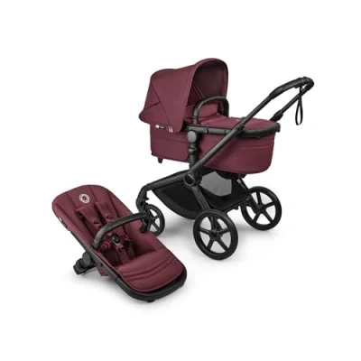 Abbildung von Bugaboo Fox 5 Renew, 2 in 1 Kinderwagen für jedes Gelände, mit Liegewanne und ausziehbarem Kleinkindsitz, praktische Ein Hand Faltung, Fahrgestell Schwarz Sonnendach Dark Cherry