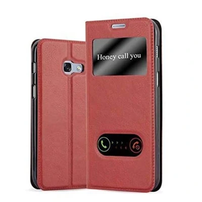 Abbildung von Cadorabo Hülle kompatibel mit Samsung Galaxy A3 2017 Sichtfenster aus Kunst Leder Flip Klappbare Stoßfeste Magnetische [Standfunktion] [Kartenfächern] Cover für Tasche in Rot