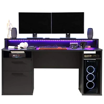 Abbildung von FORTE TEZAUR Gaming Schreibtisch mit 1 Tür und Schublade, Holzwerkstoff, Schwarz matt, 91 x 160 72 cm