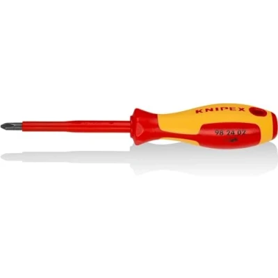 Abbildung von Knipex Schraubendreher für Kreuzschlitzschrauben Phillips® brüniert, isolierender Mehrkomponenten Griff, VDE geprüft 212 mm 98 24 02