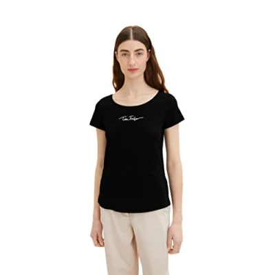 Abbildung von TOM TAILOR Damen 1036192 Basic T Shirt mit Schriftzug, 14482 Deep Black, M