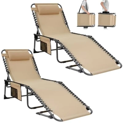 Abbildung von KingCamp Campingliege Sonnenliege Dreibeinliege mit Kopfkissen und Seitentasche bis 120 KG belastbar 5 Fach verstellbar für Outdoor Reise Garten 2 Set Teslin Beige
