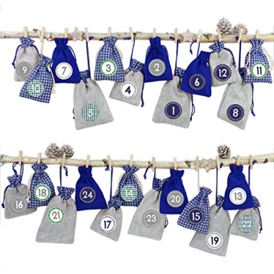 Abbildung von Papierdrachen 24 Adventskalender Stoffsäckchen zum Befüllen mit Bäckergarn und Klammern Stoffbeutel selber Dekorieren Geschenksäckchen Landhausstil blau Nr 13