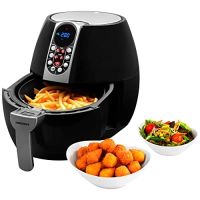 Abbildung von MEDION E10 S Heißluftfritteuse (Leistung ca. 1500 Watt, Airfryer, Digitales Bedienfeld, Nutzinhalt gesamt 4 Liter, Ölfreies Frittieren, 30 Min Timer, Überhitzungsschutz, MD 17320) schwarz