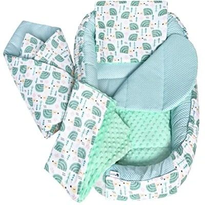 Abbildung von Medi Partners 5 teilig Babynestchen Set Babynest 100x60x15 herausnehmbarer Einsatz Bett Kuschelnest Krabbeldecke Babys Neugeborene 100% Baumwolle (Igel mit Mint Minky)