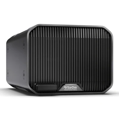 Abbildung von SanDisk PROFESSIONAL G RAID MIRROR 44 TB (RAID mit Redundanz, Desktop Array, 2 Bays, Enterprise Klasse 7.200 U/min, 260 MB/s Lesen, 250 Schreiben, 2x Thunderbolt 3, SSD Mag Slot) Schwarz