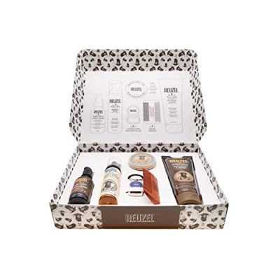 Abbildung von Reuzel Bartpflegeset Geschenkset Beard Box 6 tlg. Bartöl, Bartbalsam &amp; Foam Wood Spice, Bartshampoo, Bartkamm, Schlüsselanhänger