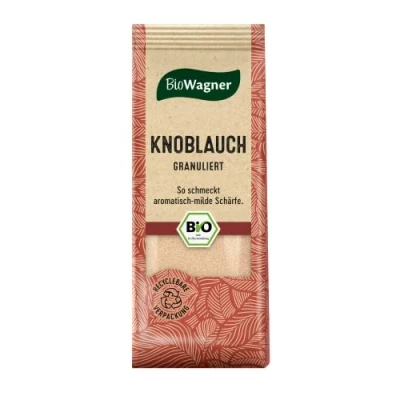 Abbildung von BioWagner Bio Knoblauch granuliert perfekt zu Dips, Grillfleisch oder Kartoffelgerichten naturbelassene Zutaten recyclebare Verpackung 60 g