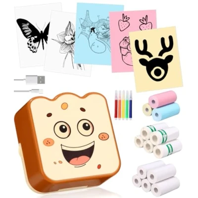 Abbildung von SOBEAU Mini Drucker,Taschendrucker,Mobiler Fotodrucker,Wireless Fotodrucker Thermodrucker mit 13 Rollen Druckerpapie und 5 Buntstifte,Smartphone Bluetooth Drucker für Notizen, Journal