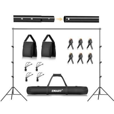 Abbildung von EMART Foto Hintergrund Ständer Fototudios, 2,6m x 3m Verstellbarer Hintergrundsystem mit 6 Hintergrundklemmen, 2 Sandsäcken und Tragetasche für Fotografie Video Porträt