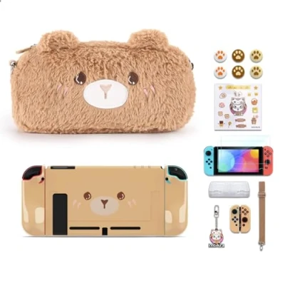 Abbildung von innoAura Switch Case, 15 in 1 Zubehör Bundle mit Tragetasche Plüsch, Case Niedlicher Bär, Displayschutzfolie, Game Case（Brauner Bär）