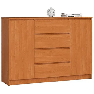 Abbildung von AKORD Kommode K 140 cm 4 Schubladen und 2 Türen zum Wohnzimmer Schlafzimmer Arbeitszimmer Modernes funktionales Design Schichtstoffplatte Erle Farbe