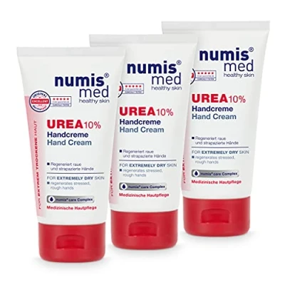 Abbildung von numis med Handcreme mit 10% Urea 2er Pack Hautberuhigende Hand Creme für sehr trockene &amp; strapazierte Hände vegane Hautpflege ohne Silikone, Parabene Mineralöl (2x 75 ml)