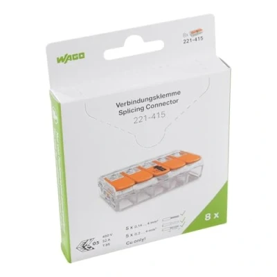 Abbildung von WAGO Verbindungsklemmen 221 415 5 polig, bis 4 mm², COMPACT Kabelverbinder mit Hebel für alle Leiterarten weltweit, bestätigte Anwendungssicherheit, 8 Stück