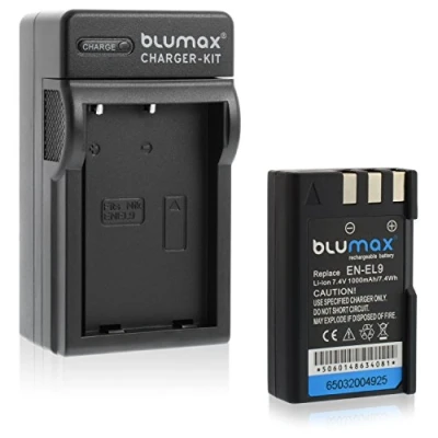 Abbildung von Blumax Akku für Nikon EN EL9 / EL9e ELa 1000mAh + Ladegerät kompatibel mit D40 D40X D60 D3000 D5000