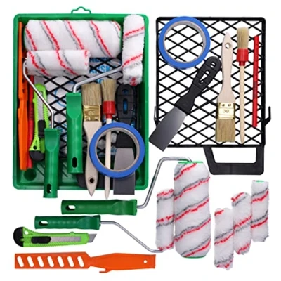 Abbildung von ToolSpace Malerset 2x Farbrollenset +2x Malerpinsel + Malerband +, Farbwanne Abdeckfolie farbroller Farbrührstab Abbrechmesser Zimmermannsbleistift Malerspachtel malergitter