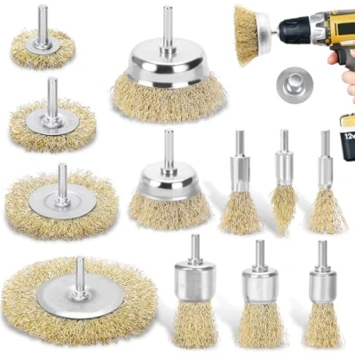 Abbildung von DazSpirit 12 teiliges Drahtbürste Set für Bohrmaschine Messingbeschichtete Drahtbürsten &amp; Topfbürsten Set, 1/4 Zoll Schaft Messingbürste zum Entfernen von Rost/Korrosion/Farbe