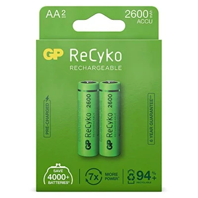 Abbildung von GP ReCyko Akku AA 2600mAh NiMH 2 Stück Batterien wiederaufladbar 1,2V, vorgeladen Ready2use Hohe Leistung und vielfach wiederverwendbar, plastikfreie Verpackung