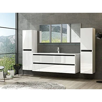 Abbildung von Badmöbel Set Hochglanz mit Schubladen Glas ablage (Dennis Weiss, 120 cm Einzelbecken 2X Hochschrank)