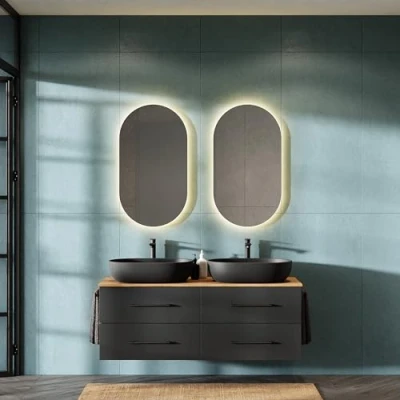 Abbildung von Planetmöbel LUX Badmöbel Set Waschbecken mit Unterschrank 140 cm, 2 Aufsatz 60cm schwarz, Spiegel 50 cm (ohne LED) Waschbeckenunterschrank Gold Eiche/Anthrazit