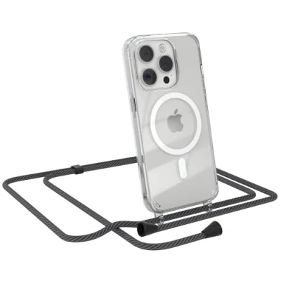 Abbildung von EAZY CASE Handykette kompatibel mit iPhone 15 Pro Kette zum Umhängen Stoßfest Handyhülle für Silikon Hülle Band Transparent als Fallschutz in Schwarz/Anthrazit Clips Schwarz