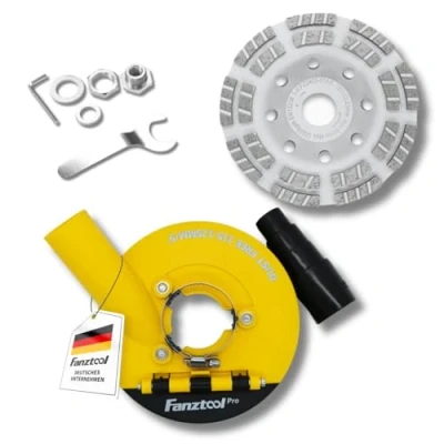 Abbildung von FANZTOOL 3.Generation Absaughaube für Winkelschleifer inkl. 125 mm Diamantschleiftopf PROFI QUALITÄT Bürsten Auswechselbar 99% Universal passend Verstärkter Adapterring M14 Adapter