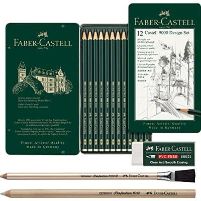 Abbildung von Faber CASTELL 119064 Bleistift 9000, 12er Design Set, Inhalt: 5B 5H + 2 verschiedene Radierstifte und PVC Free Radierer