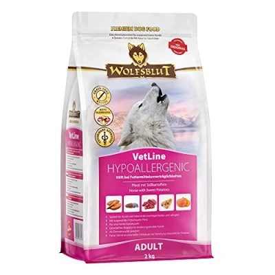 Abbildung von Wolfsblut VetLine Hypoallergenic Pferd 2 x 2kg Trockenfutter Diät Alleinfuttermittel für Hunde mit Futtermittelunverträglichkeiten, getreidefrei, &amp; Süßkartoffel