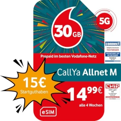 Abbildung von Vodafone Prepaid CallYa M eSIM 20 GB 15 EUR Startguthaben ohne Vertrag 5G Netz Telefon SMS Flat EU Roaming